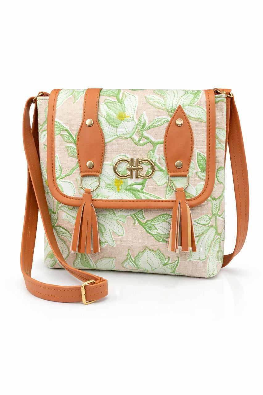 Floral Print Women's Sling Bag with Tassel Charm