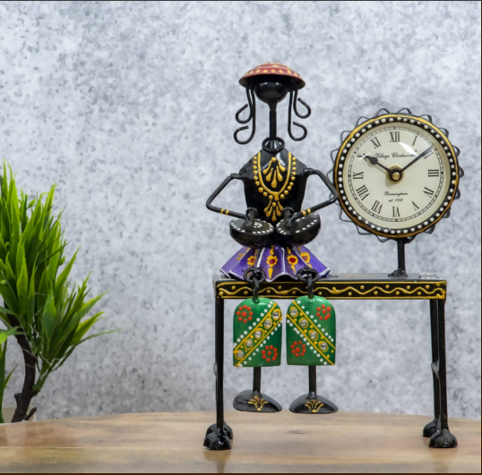 Handcrafted Metal Musician Table Clock – Ethnic Art Decorative Desk Clock for Home & Office
