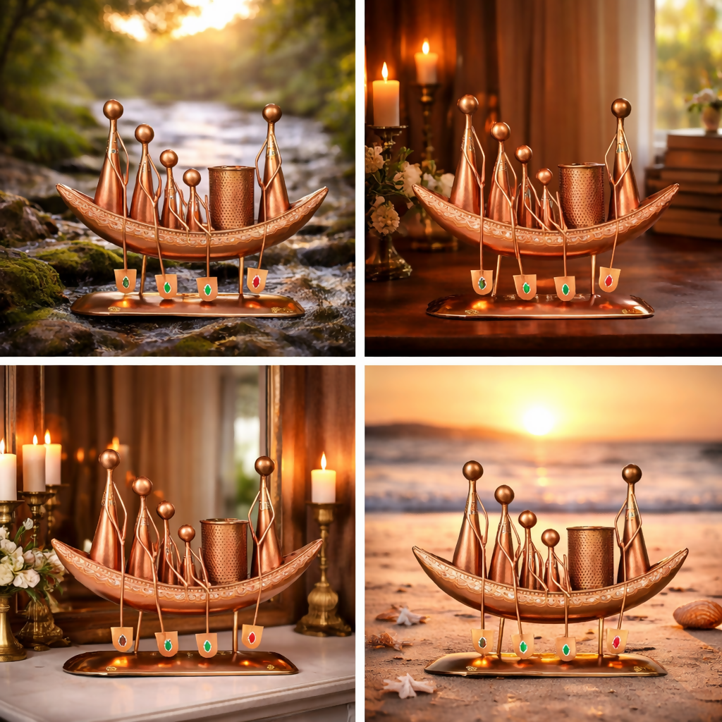 Luxury Copper Finish Boat Design Pen Stand with Figurines – Premium Metal Desk Organizer | Elegant Home & Office Decor Gift