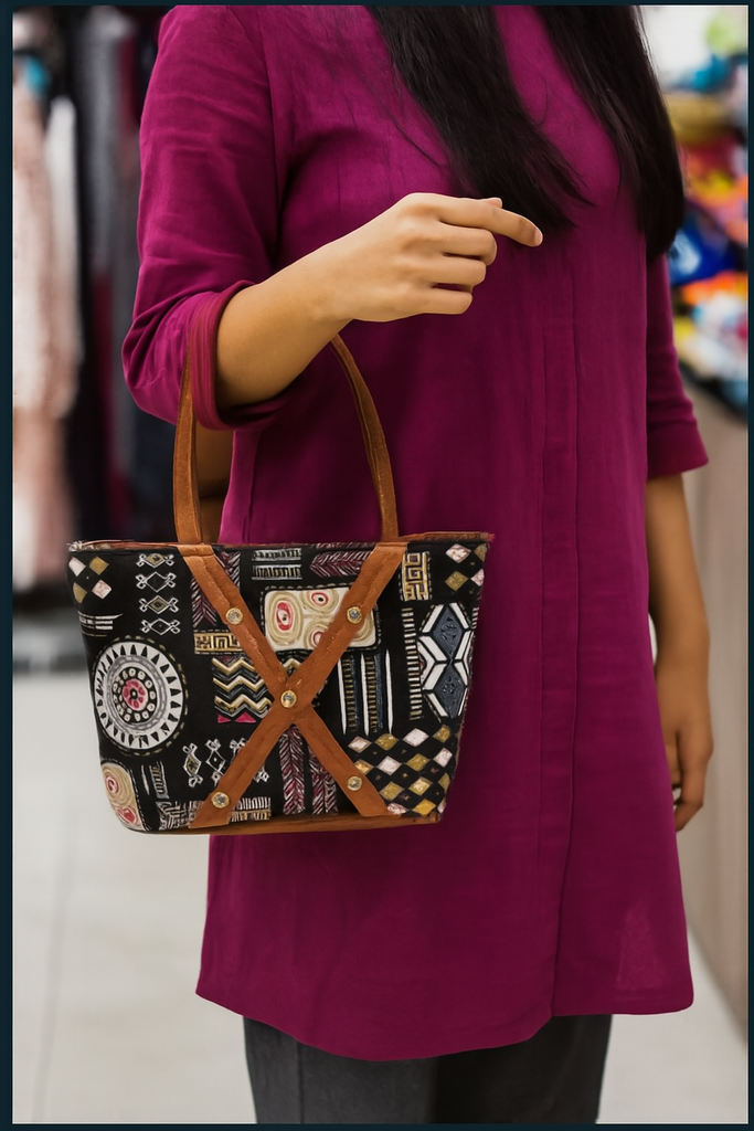 Brown leather X-strap secured with metallic studs for a rustic finish Handbag for Women//