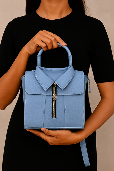 A unique sling  Blue Colour Handbag styled to look like a miniature jacket in Handmade  for Girls//கைகளால் செய்யப்பட்ட, ஒரு சிறிய ஜாக்கெட் போன்று வடிவமைக்கப்பட்ட தனித்துவமான, நீல நிற சிலிங் பை, பெண்களுக்கானது.