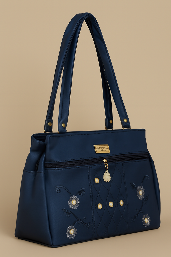 Dark Blue decorated with a floral embroidery pattern Handbag for Womens//பெண்களுக்கான பூக்கள் எம்ப்ராய்டரி வேலைப்பாடுகள் கொண்ட அடர் நீல நிற கைப்பை.