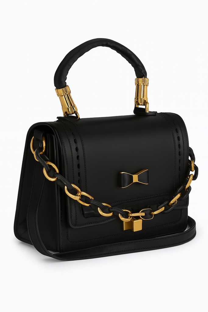 A classic black color with Golden Stripe Chain Handbag in Handmade for Womens//தங்க கோடு கொண்ட சங்கிலி இணைக்கப்பட்ட, பாரம்பரிய கருப்பு நிற, கையால் செய்யப்பட்ட கைப்பை பெண்களுக்கு.