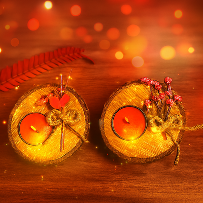 Red Floral Rustic Tealight Holders ( Set of 2)/Rustic Red Blossoms – Twin Tealight Holders for Warm Glow/Handcrafted Floral Charm/🔸 கைவினை மலர் நயமிக்க அலங்காரம்