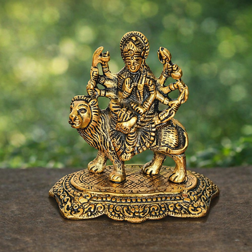 Brass Durga Amman Idol with Lion – Divine Hindu Goddess Statue for Pooja Room, Home Decor & Spiritual Gift (Antique Finish)