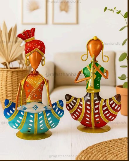 Rajasthani Couple Showpiece Set | Handcrafted Metal Figurine for Table Decor & Home Decoration