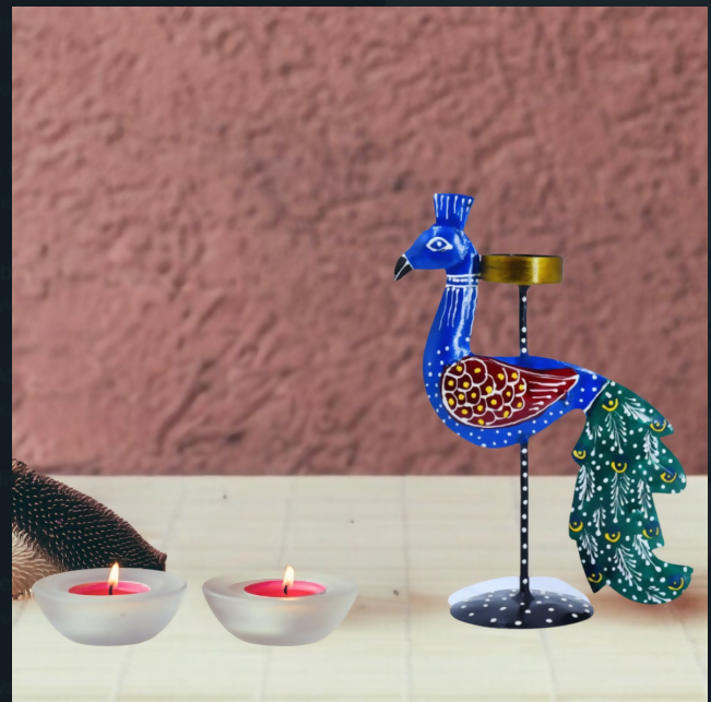Handcrafted Peacock Diya Holder | Decorative Metal Candle Stand for Home, Festival & Table Decor