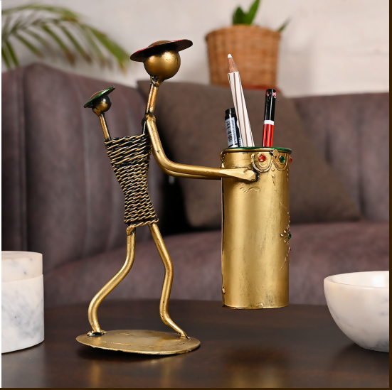 Creative Metal Pen Stand with Figurine | Decorative Desk Organizer for Office & Home Use