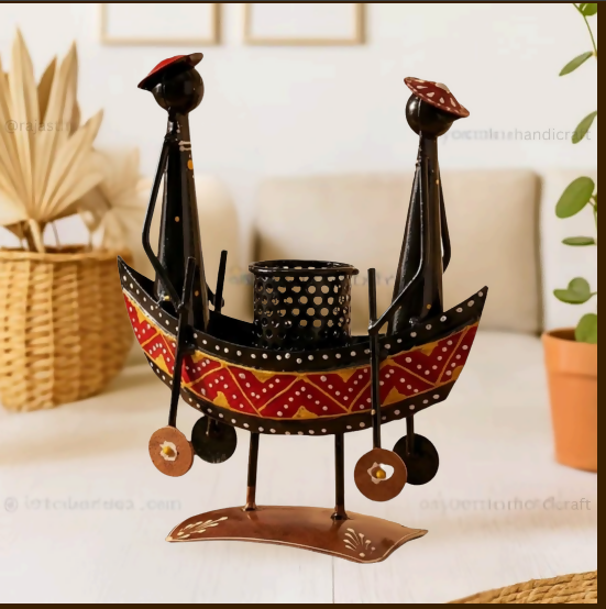 Ethnic Black Boat Couple Pen Stand – Handcrafted Metal Desk Organizer | Artistic Home & Office Decor Gift