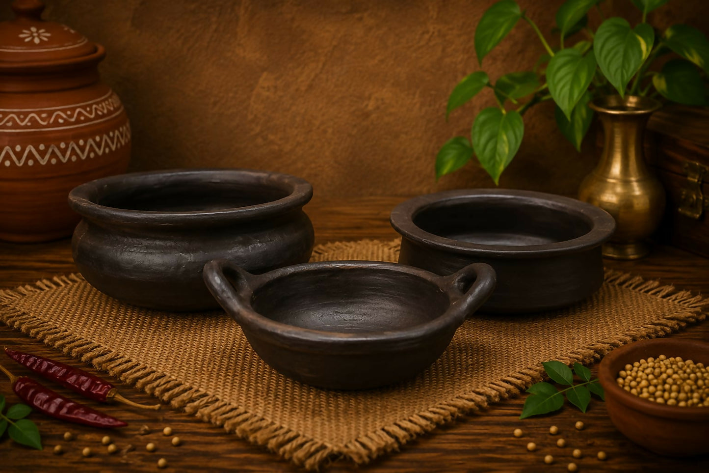Everyday Cookware Combo - kadai 1 litre Chettinadu kulambu chatti - 2 litre Meen kulambu chatti -3 litre