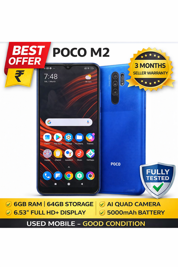 Xiaomi POCO M2 (6GB RAM + 64GB Storage) Blue Used Smartphone – Fully Tested | 3 Months Seller Warranty | Without Box & Charger