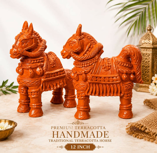 Premium Handmade Terracotta Horse Statue 12 Inch | Traditional Clay Horse Figurine | Artisan Crafted Terracotta Sculpture | Eco-Friendly Home & Office Décor | Decorative Handmade Horse Showpiece.