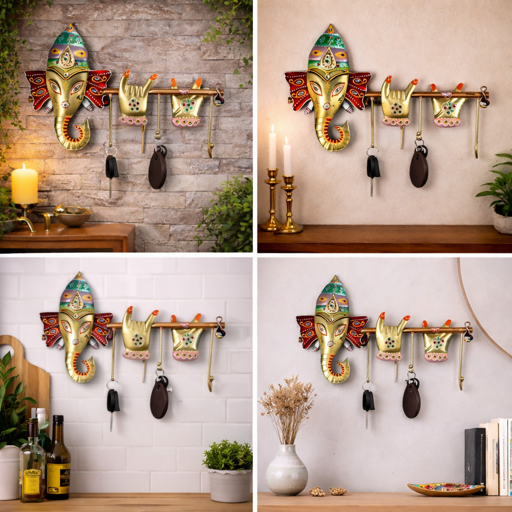 Handcrafted Ganesha Wall Key Holder with Hooks | Decorative Spiritual Key Hanger for Home Entrance