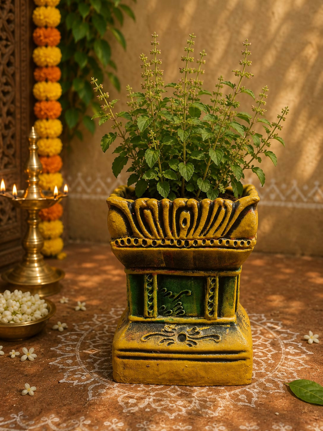 Terracotta Gardening Brindavan Tulasi pot With Drainage Hole at Bottom 9 inch ( Multi color )