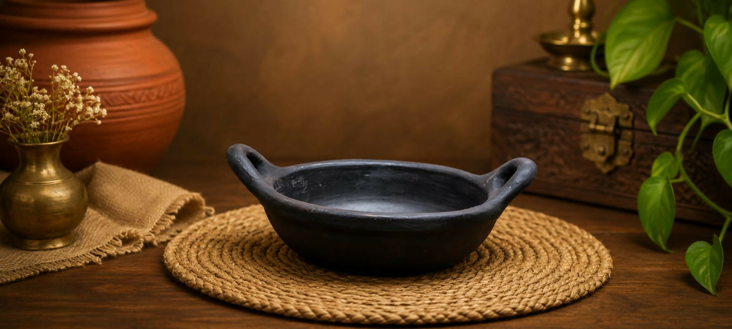 Round Handle kadai 1litre Handcrafted Black Clay Round Handle Kadai | Traditional Terracotta Cooking Pot | Healthy & Chemical Free Kitchenware