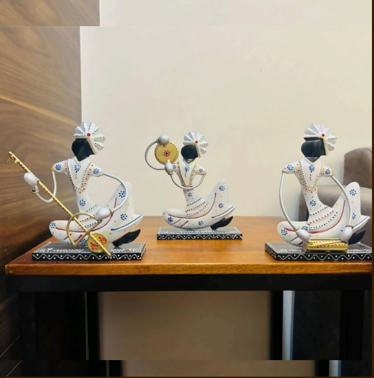 Handcrafted White Metal Tribal Musician Showpiece Set | Elegant Ethnic Home Decor | Minimalist Gift Item