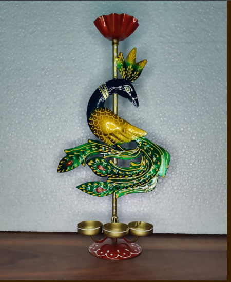 Peacock Multi Diya Stand | Decorative Metal Peacock Candle Holder for Pooja, Diwali & Home Decor