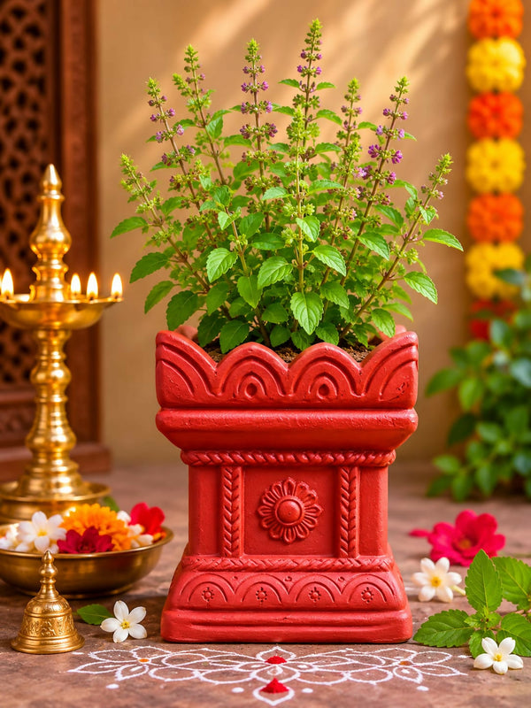 Terracotta Gardening Brindavan Tulasi pot With Drainage Hole at Bottom 8 inch ( Terracotta color )