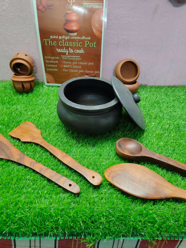 Traditional Black Clay Cooking Pot with Lid | Handmade Earthen Pot for Healthy Cooking | Natural Mud Pot Kitchen Cookware Set