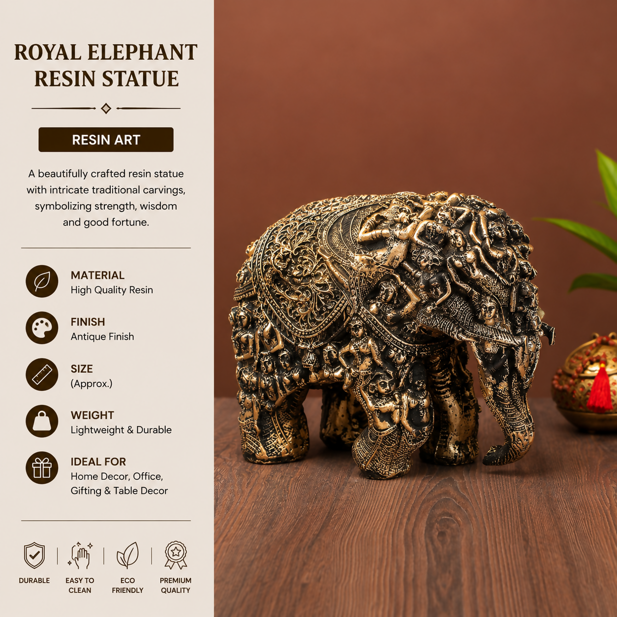 Antique Finish Elephant Resin Statue | Luxury Home Decor Accent