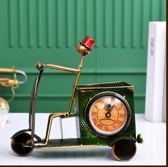 Vintage Scooter Design Pen Stand with Clock – Creative Metal Desk Organizer | Unique Office & Home Decor Gift