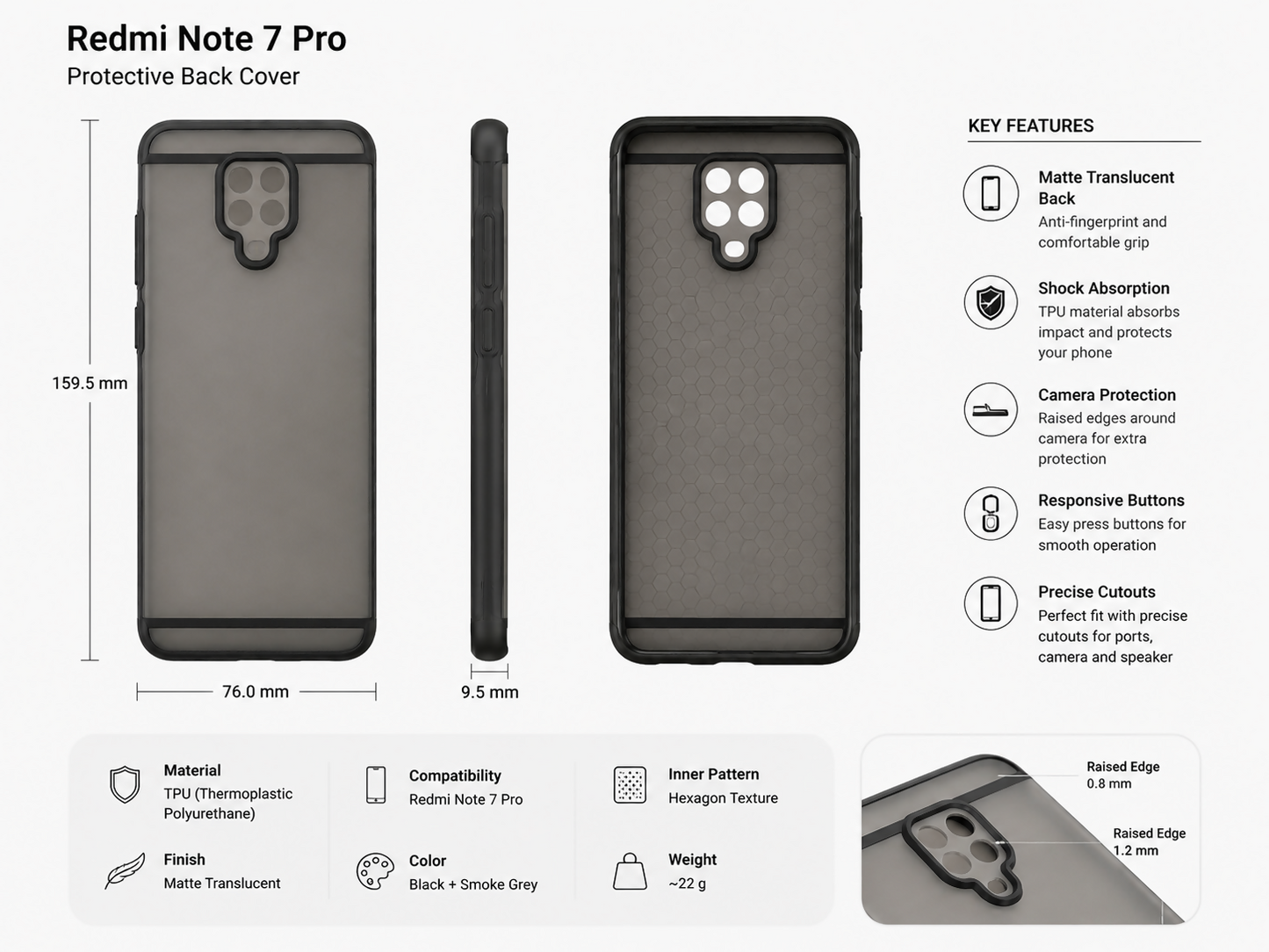 Redmi Note 7 Pro Premium Shockproof Back Cover | Slim Fit Soft TPU Silicone Case | Anti-Scratch Matte Finish | Camera Protection | Lightweight Durable Mobile Back Cover for Xiaomi Redmi Note 7 Pro