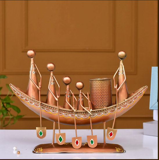 Luxury Copper Finish Boat Design Pen Stand with Figurines – Premium Metal Desk Organizer | Elegant Home & Office Decor Gift
