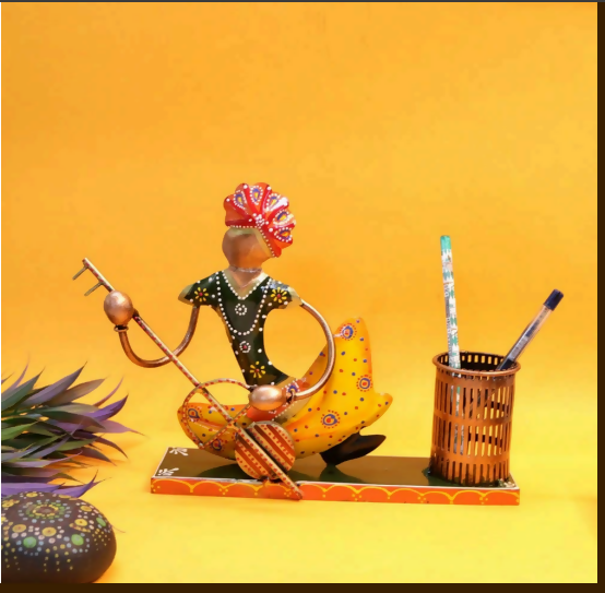 Traditional Rajasthani Musician Pen Stand – Handcrafted Wooden Desk Organizer & Home Decor