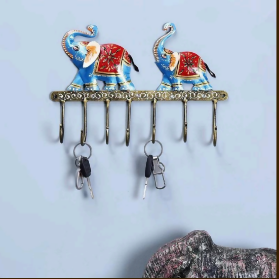 Elephant Wall Key Holder | Double Elephant Key Hanger with Hooks | Decorative Metal Key Stand for Home Entrance & Wall Decor