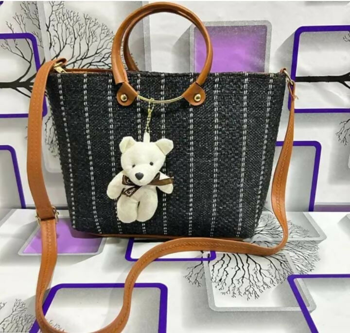 Stylish Black Woven Handbag with Teddy Charm | Trendy Sling & Hand Carry Bag for Women