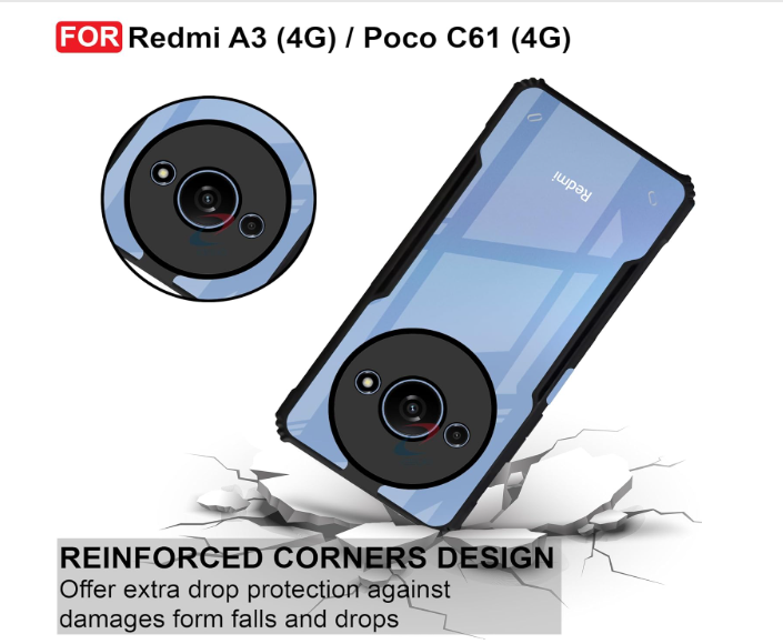 CEDO Redmi A3 / Redmi A3x / Poco C61 (4G) Back Case Cover | Camera Protection Shockproof Bumper-Edge | Acrylic Crystal Clear 360 Degree Protection TPU+PC | Transparent Eagle Back Case Cover (Black)