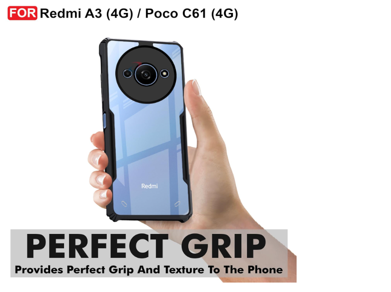 CEDO Redmi A3 / Redmi A3x / Poco C61 (4G) Back Case Cover | Camera Protection Shockproof Bumper-Edge | Acrylic Crystal Clear 360 Degree Protection TPU+PC | Transparent Eagle Back Case Cover (Black)