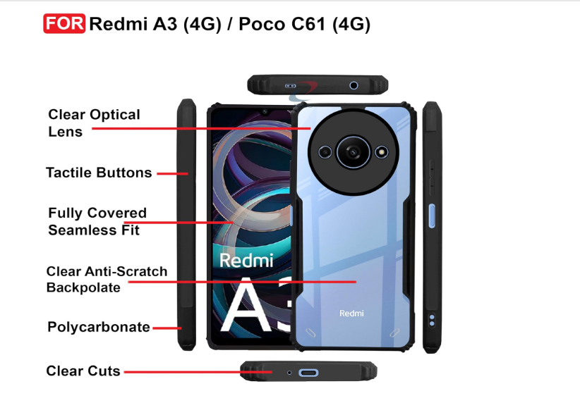 CEDO Redmi A3 / Redmi A3x / Poco C61 (4G) Back Case Cover | Camera Protection Shockproof Bumper-Edge | Acrylic Crystal Clear 360 Degree Protection TPU+PC | Transparent Eagle Back Case Cover (Black)