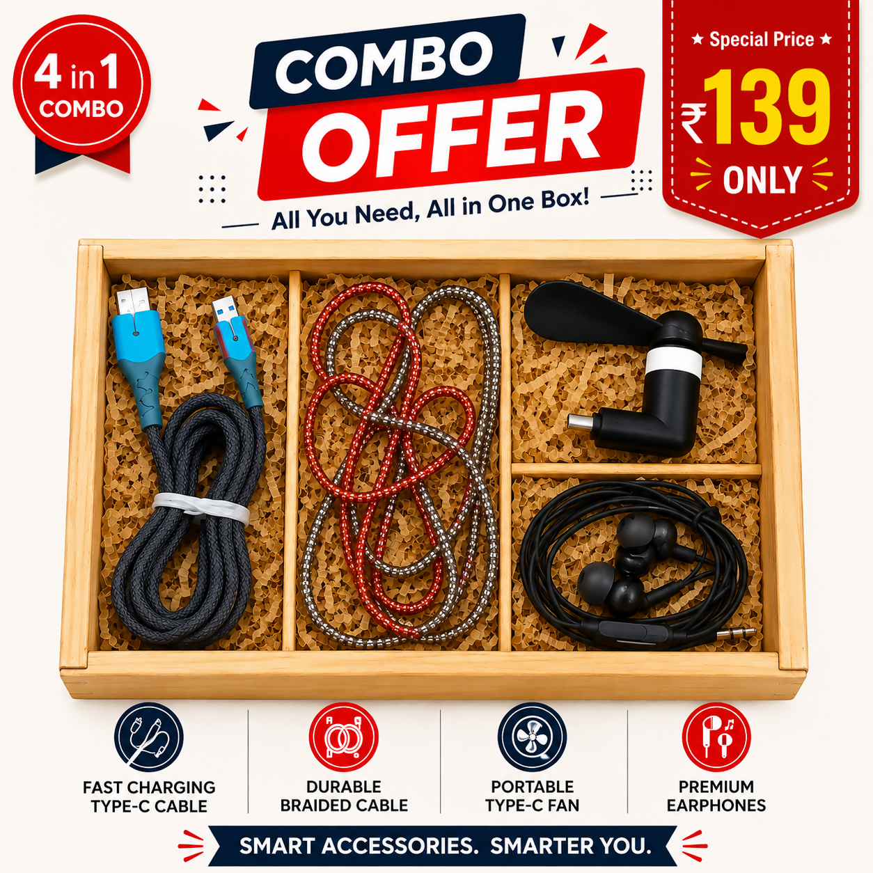 Premium Mobile Essentials Combo – Earphones + Type-C Cable + Fan + Cable Protector