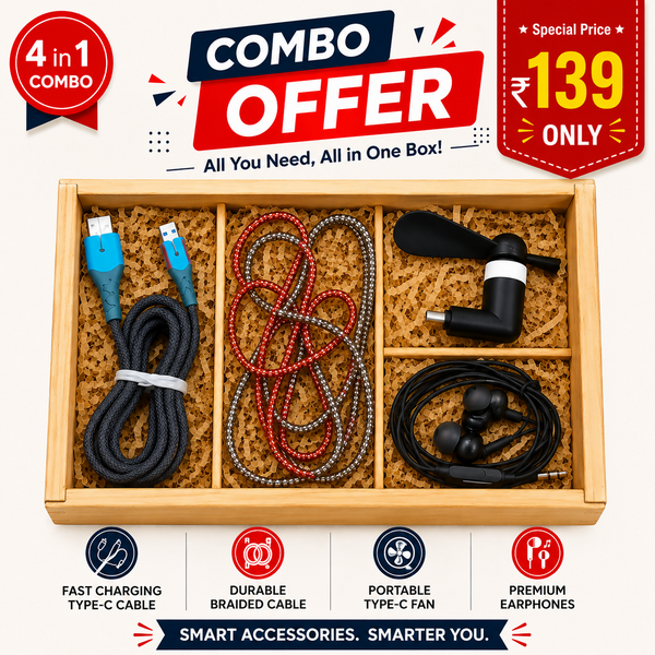 Premium Mobile Essentials Combo – Earphones + Type-C Cable + Fan + Cable Protector