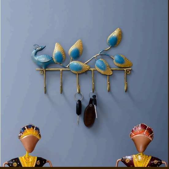 Designer Peacock Key Holder Wall Hanging | Decorative Metal Key Stand for Home