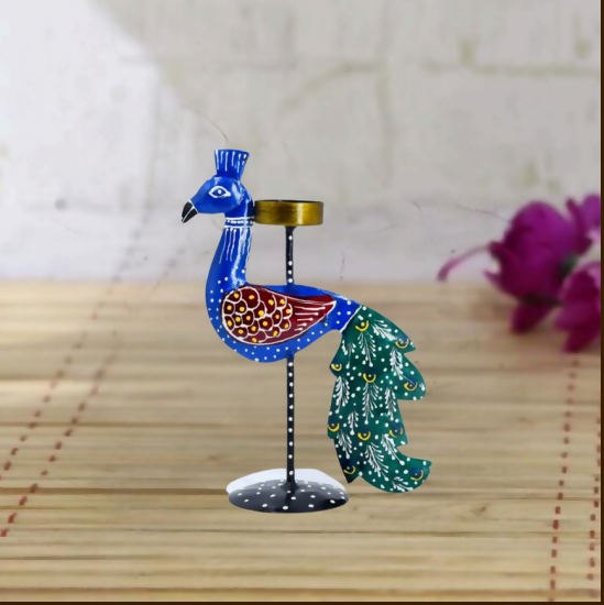 Handcrafted Peacock Diya Holder | Decorative Metal Candle Stand for Home, Festival & Table Decor