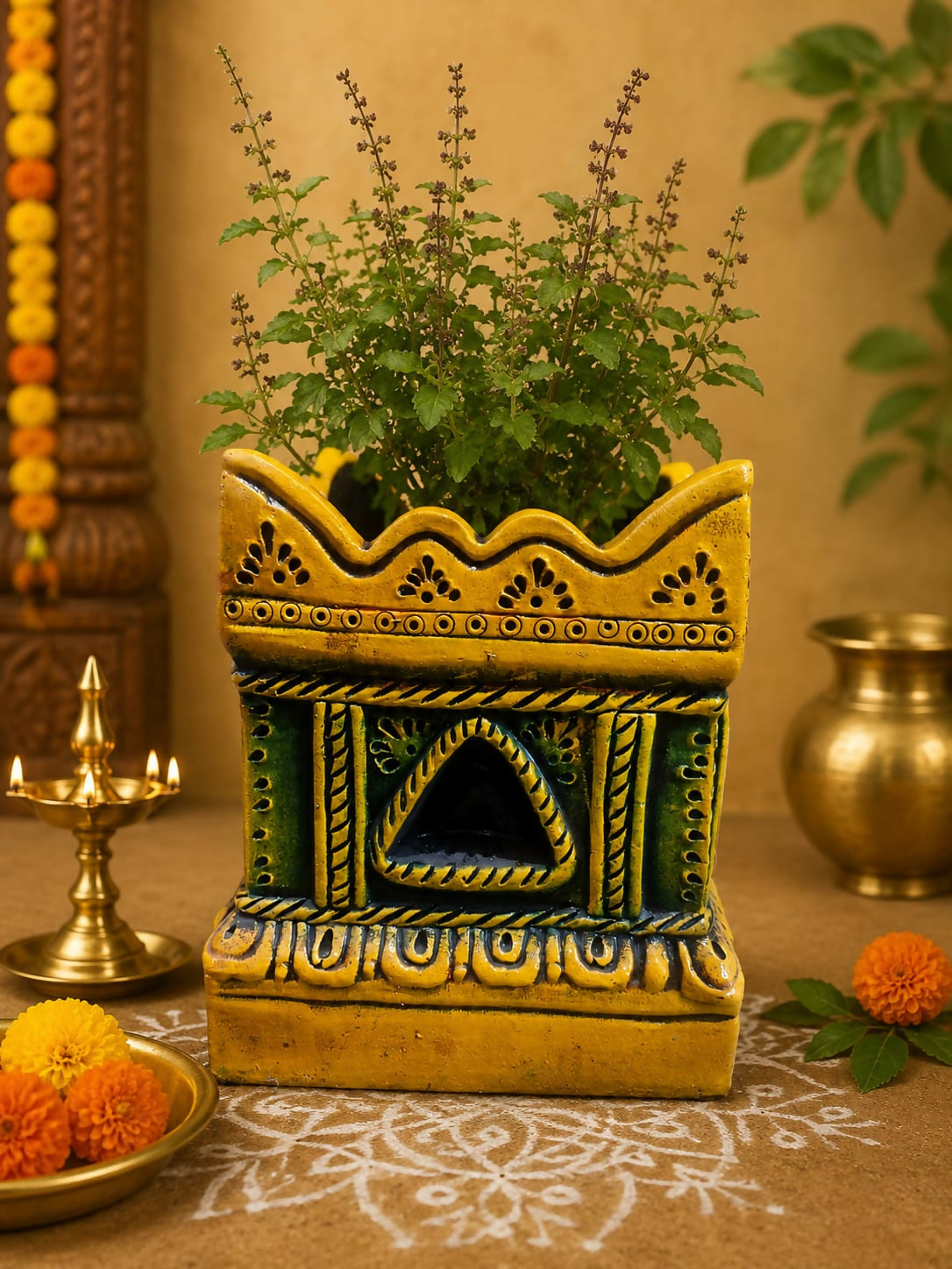 Terracotta Gardening Brindavan Tulasi pot With Drainage Hole at Bottom 12 inch(Multi colours)