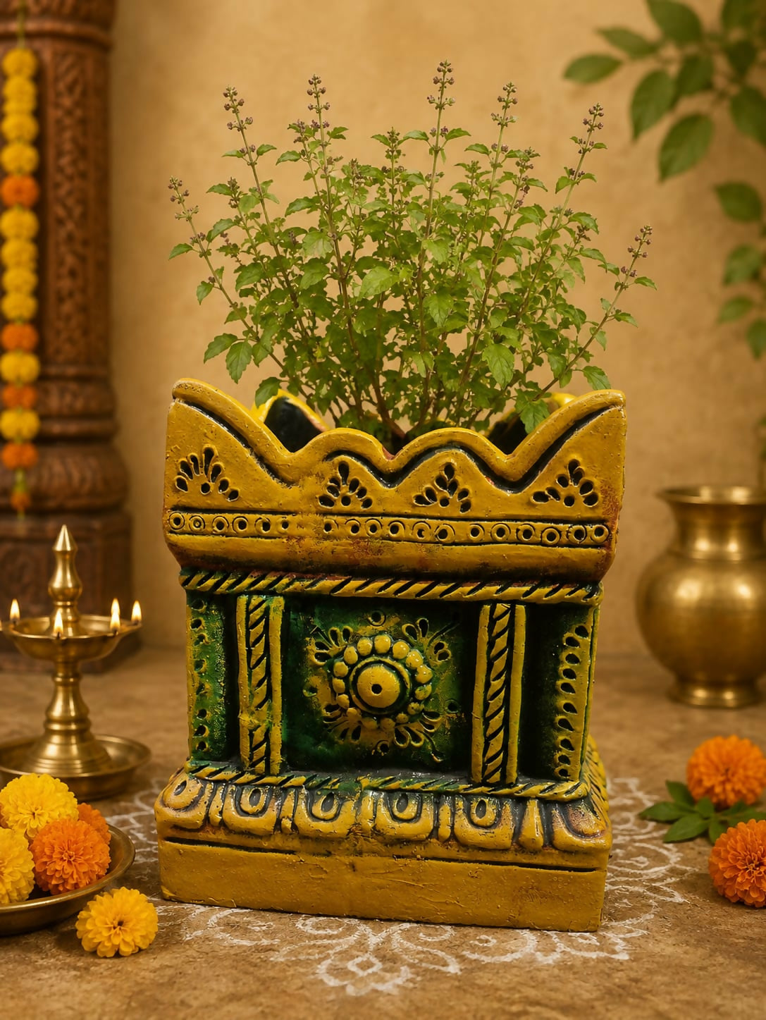 Terracotta Gardening Brindavan Tulasi pot With Drainage Hole at Bottom 12 inch(Multi colours)