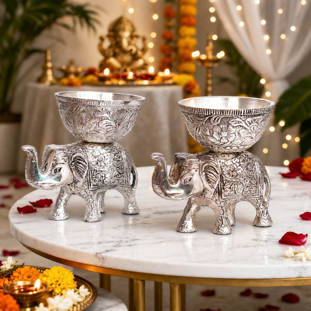 Elephant Diya Holder Set | Decorative Bowl Stand for Home & Pooja Decor