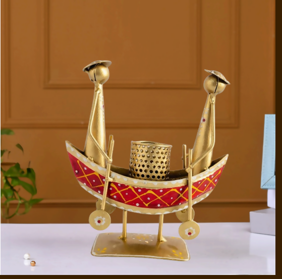 Elegant Golden Boat Design Pen Stand with Couple Figurines – Premium Metal Desk Organizer | Luxury Home & Office Decor Gift