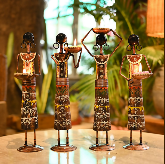Handcrafted African Tribal Lady Candle Holder Set (Metal Art Decor – Set of 4)