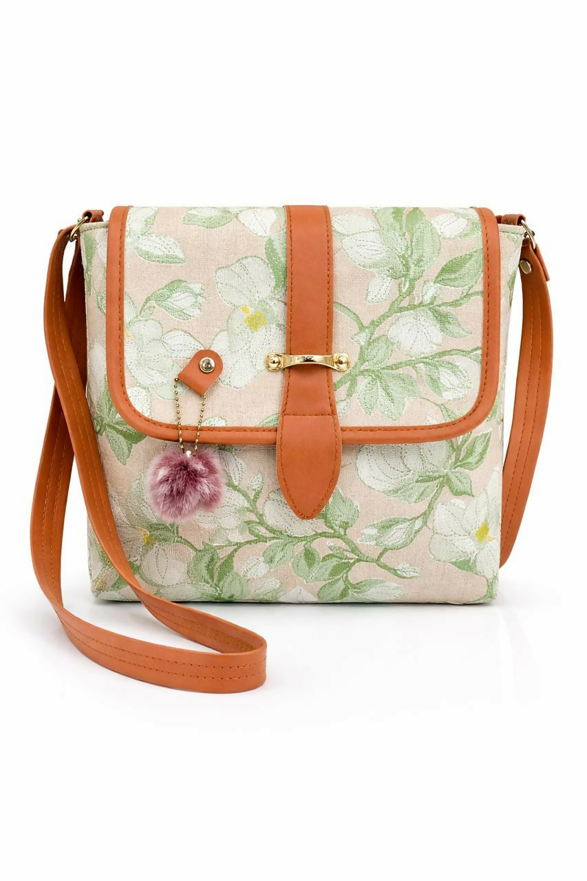 Floral Print Women's Sling Bag with Pom-Pom Charm