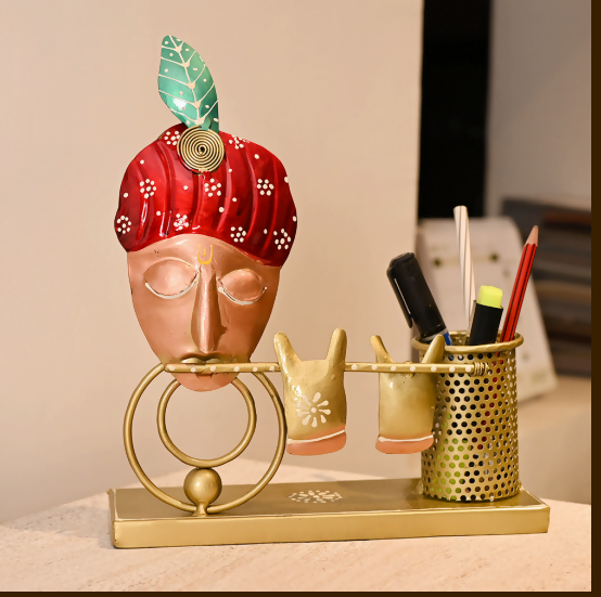 Handcrafted Rajasthani Face Pen Holder – Artistic Desk Organizer with Metal Stand for Office & Home