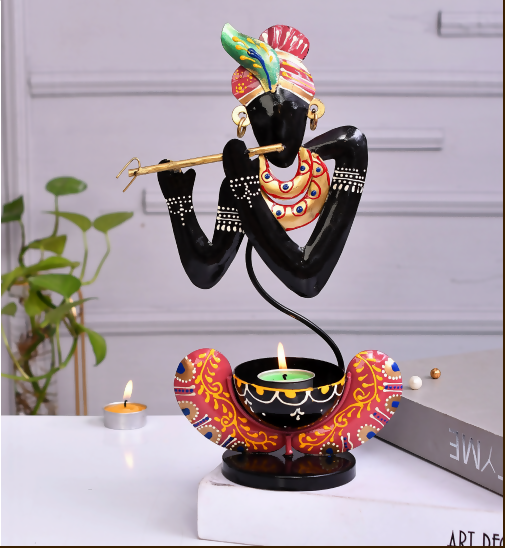Handcrafted Krishna Diya Showpiece with Flute | Premium Tealight Candle Holder Spiritual Home Decor