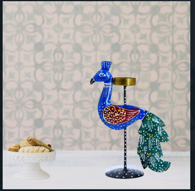 Handcrafted Peacock Diya Holder | Decorative Metal Candle Stand for Home, Festival & Table Decor