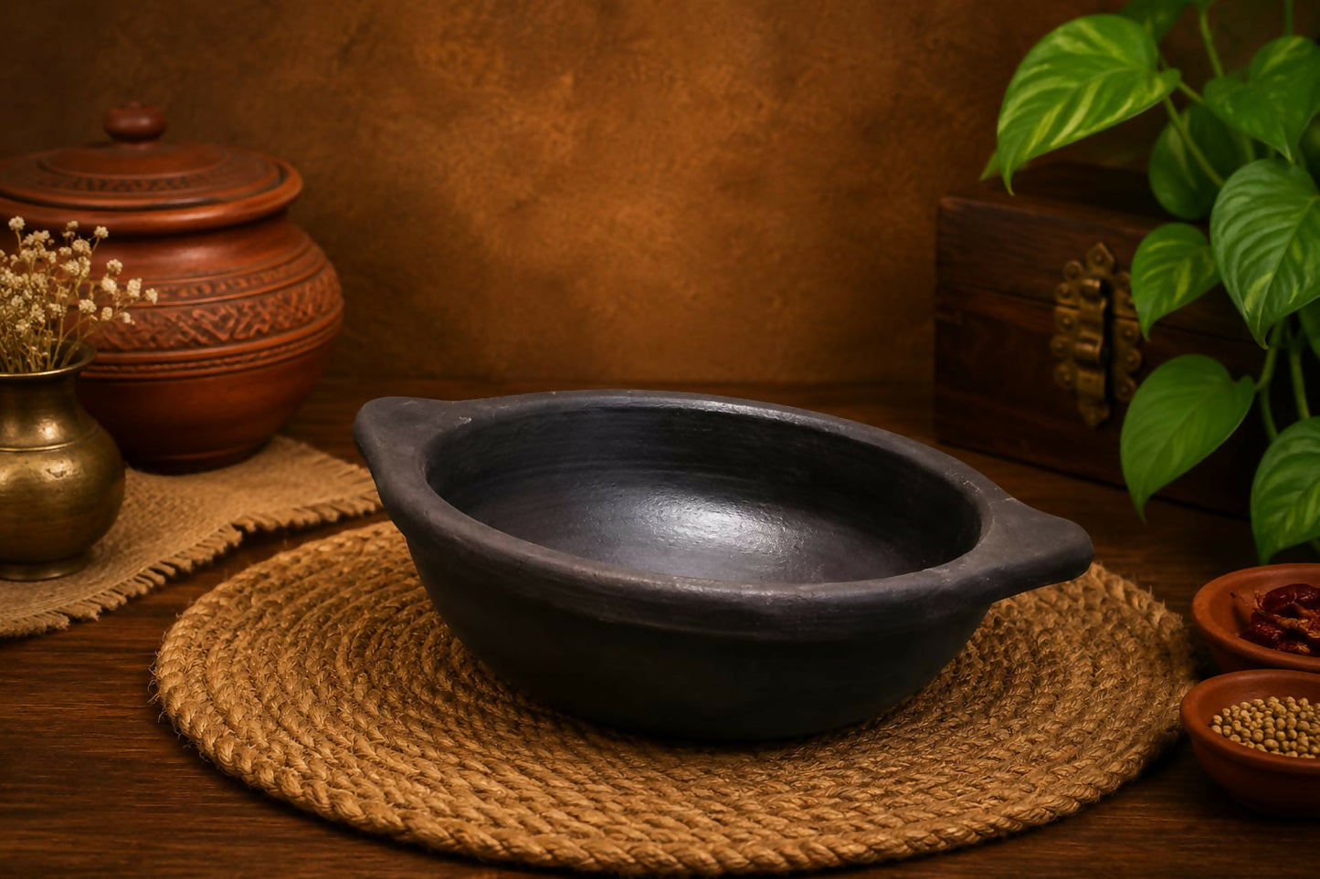 Plain Handle kadai 1 litre Handcrafted Black Clay Plain Handle Kadai | Traditional Terracotta Cooking Pot | Healthy & Chemical Free Kitchenware