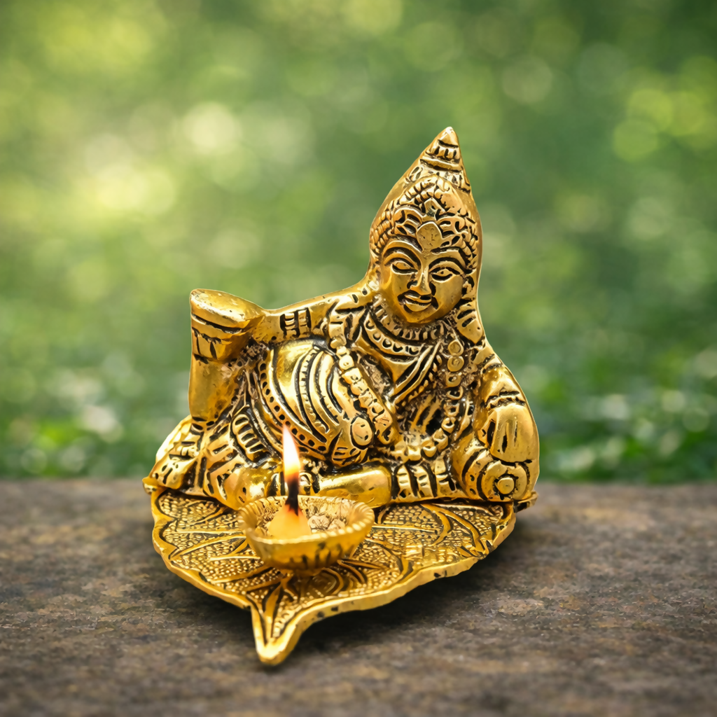 Brass Krishna Diya Lamp Idol – Divine Baby Krishna Oil Lamp for Pooja Room, Spiritual Home Decor & Gift (Antique Finish)