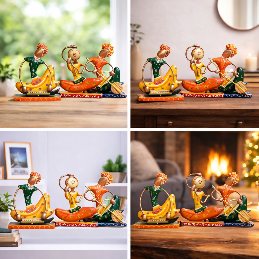 Handcrafted Rajasthani Musician Showpiece Set | Colorful Metal Home Decor Figurines | Ethnic Art Gift Item