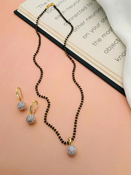 gold-plated American diamond mangalsutra.Gold-Plated American Diamond Mangalsutra for Women – Elegant Black Bead Necklace for Daily & Wedding Wear